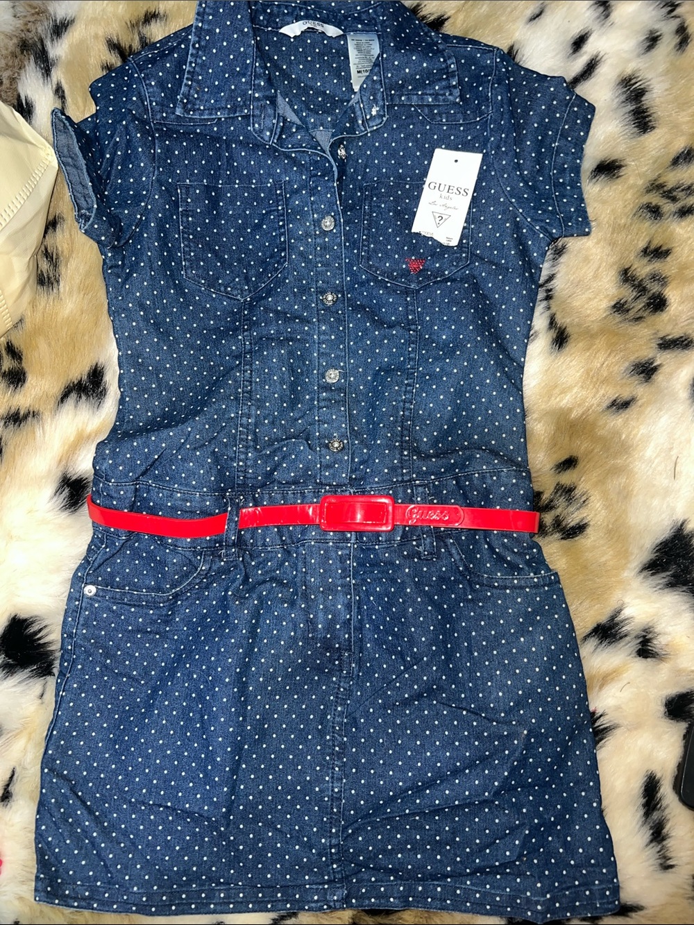 GUESS Navy Polka Dot Denim dress with Red Belt 10/12 girls